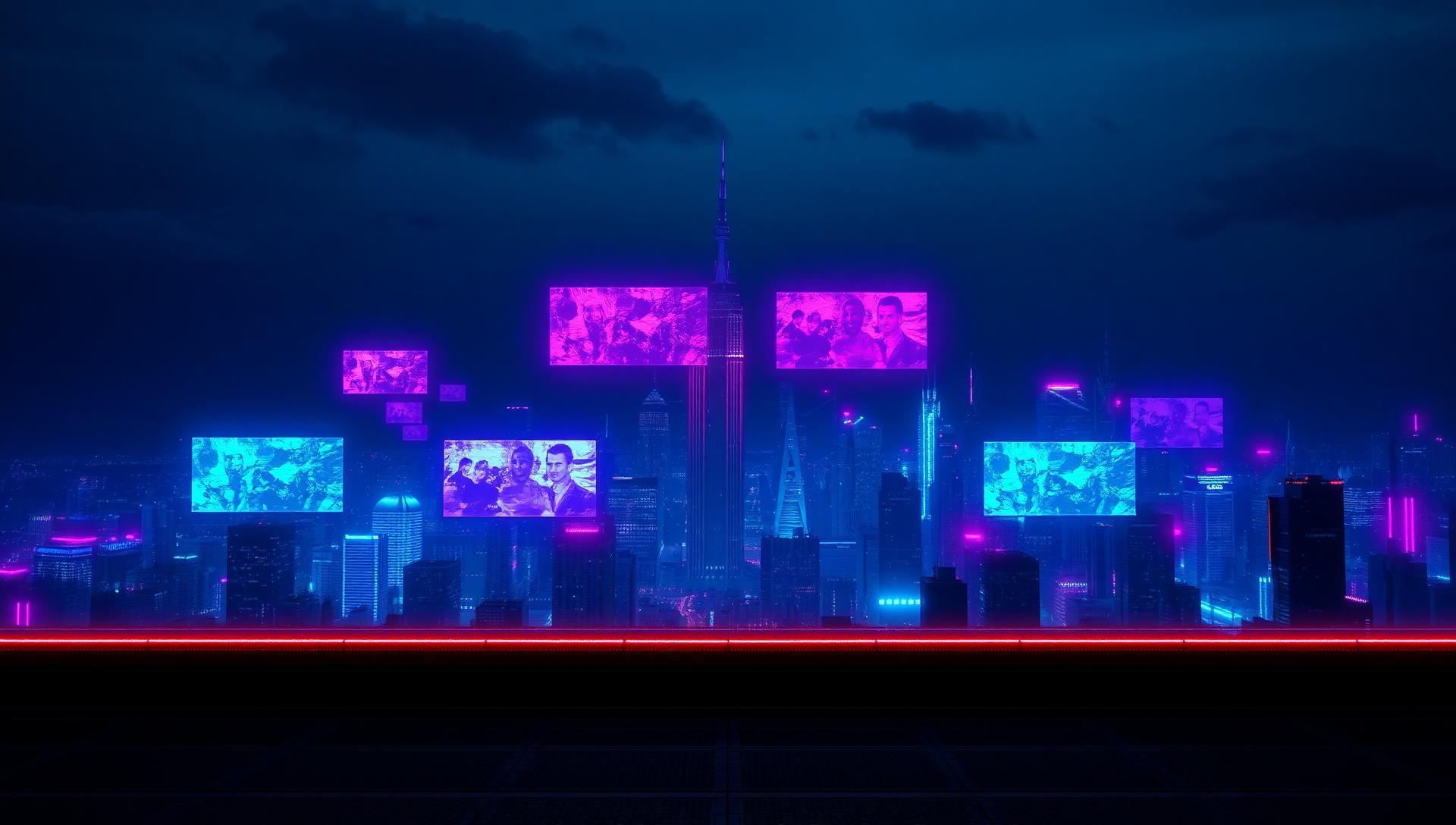 Neon cyber city with floating holographic screens